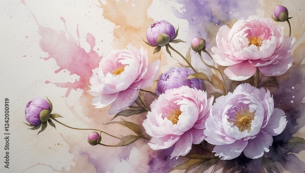 Beautiful watercolor peonies in soft pink and lavender hues on a delicate background Beautiful watercolor peonies in soft pink and lavender hues on a delicate background