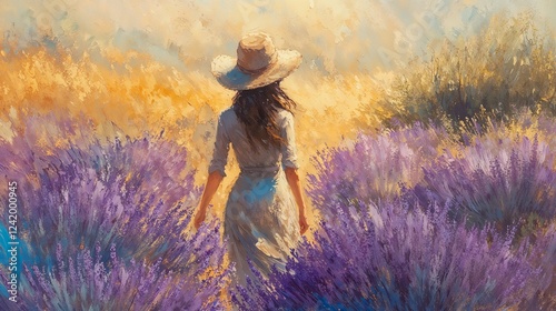 Impressionist painting of a woman in a lavender field at sunset