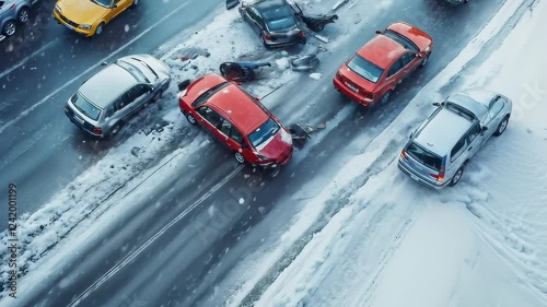 Snow is falling on a busy city highway where multiple car accidents are blocking traffic, causing delays and requiring assistance from emergency services