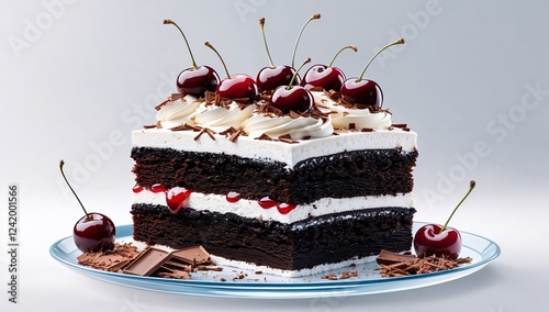 Decadent chocolate cake with layers, whipped cream, cherries, and chocolate shavings