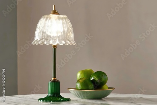 Elegant Glass Lamp Illuminating a Table With Fresh Limes. Generative AI