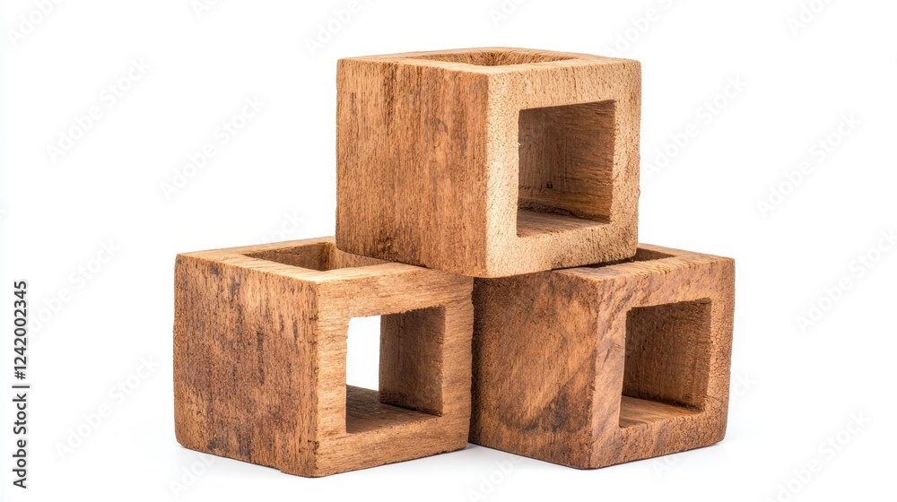 Obraz premium Wooden Blocks with Hollow Square Center Stacked on White Background