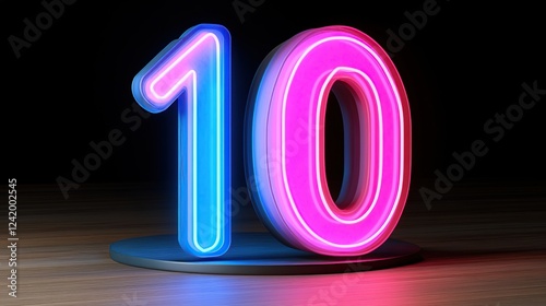 Neon Ten, glowing number, dark wood, celebration background photo