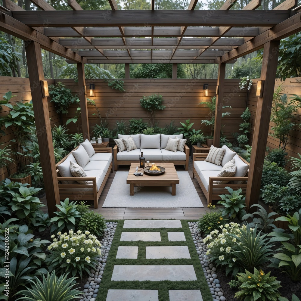 Fototapeta premium Cómodo rincón en el jardín, terraza con plantas.