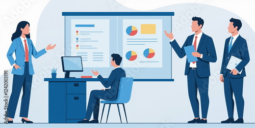Business team presenting data in modern office setting