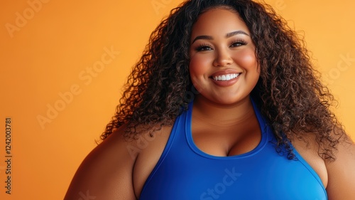 Happy woman with curly hair...