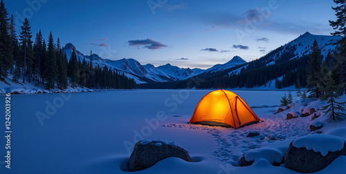 Glowing orange tent by frozen lake at twilight