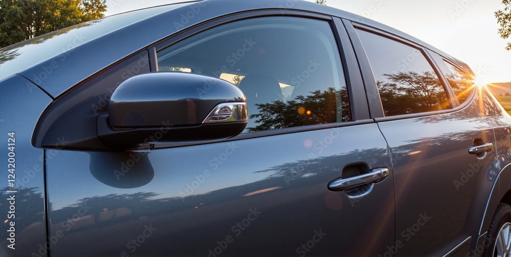 Car side mirror reflecting sunset and trees Car side mirror reflecting sunset and trees
