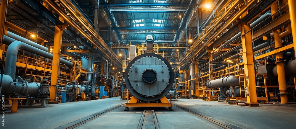 Obraz premium Industrial manufacturing facility showcasing large machinery and equipment under bright lighting
