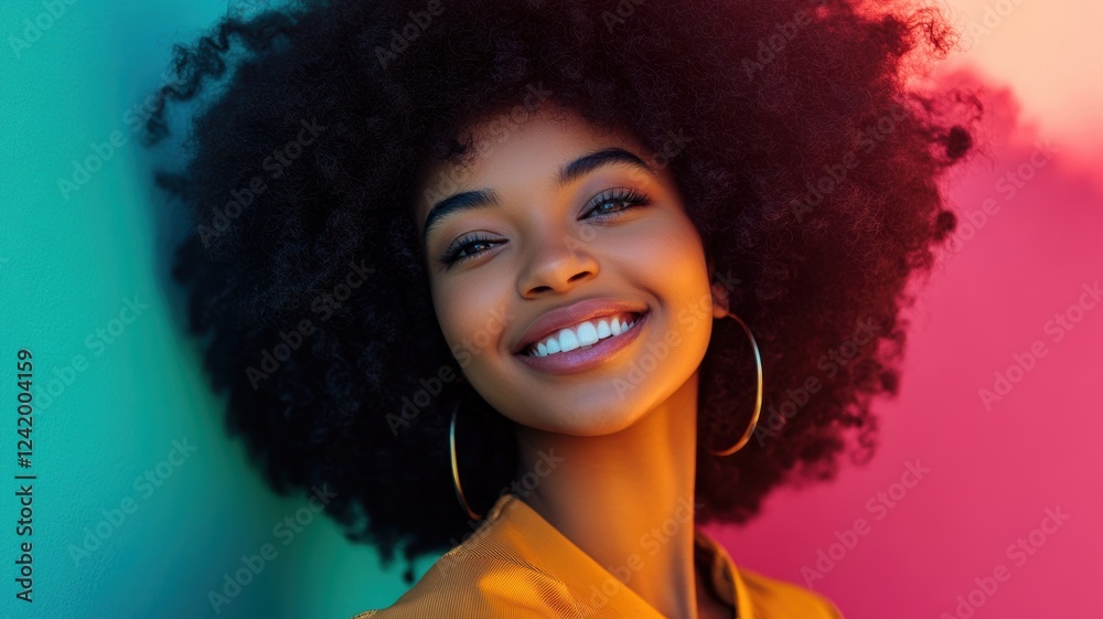 Vibrant portrait of a young woman with a beautiful afro hairstyle, smiling brightly, set against a bold yellow and pink background. Vibrant portrait of a young woman with a beautiful afro hairstyle, smiling brightly, set against a bold yellow and pink background.