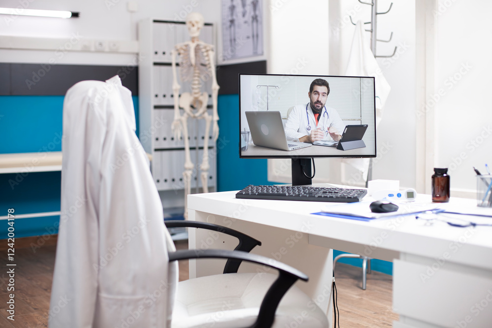 Fototapeta premium Caucasian doctor videocall displayed on desktop pc positioned on table of vacant hospital office. Computer screen shows healthcare expert conducting virtual medical consultation with nobody present.