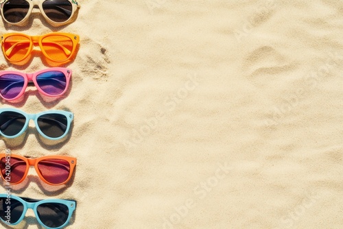 A vibrant and radiant array of colorful sunglasses resting upon the warm, sunkissed sand, perfectly epitomizing the cheerful essence of summer fun and relaxation at the beautiful beach photo