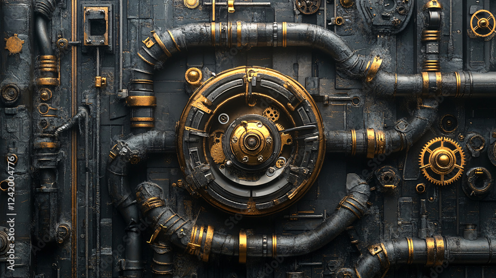 intricate steampunk vault door with interconnected metal pipes gears and mechanical components creating a futuristic industrial design
intricate steampunk vault door with interconnected metal pipes gears and mechanical components creating a futuristic industrial design