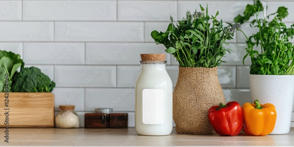 A serene kitchen scene displaying fresh vegetables, herbs, and a milk bottle on a wooden countertop against a tiled backdrop. A serene kitchen scene displaying fresh vegetables, herbs, and a milk bottle on a wooden countertop against a tiled backdrop.