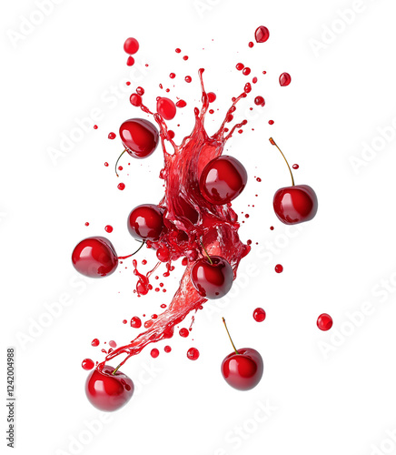  Falling of red cherries with juice splash isolated on a transparent background. Red cherries in red juice splash on white background.