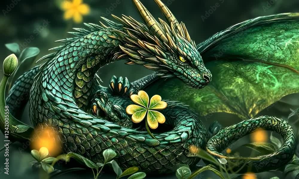 A majestic green dragon nestled gently among vibrant blooming flowers.