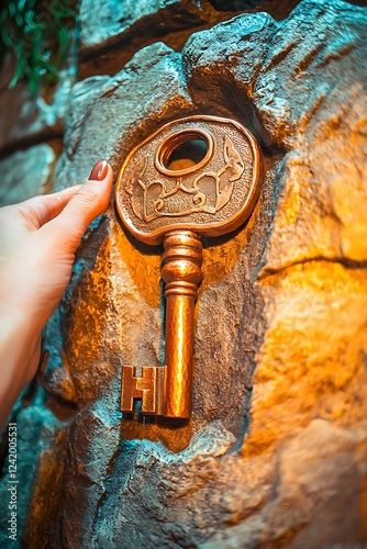 A hand gently touches an ornate, coppercolored key affixed to a textured stone wall. The keys intricate design and warm lighting create a mystical, adventurous mood. photo