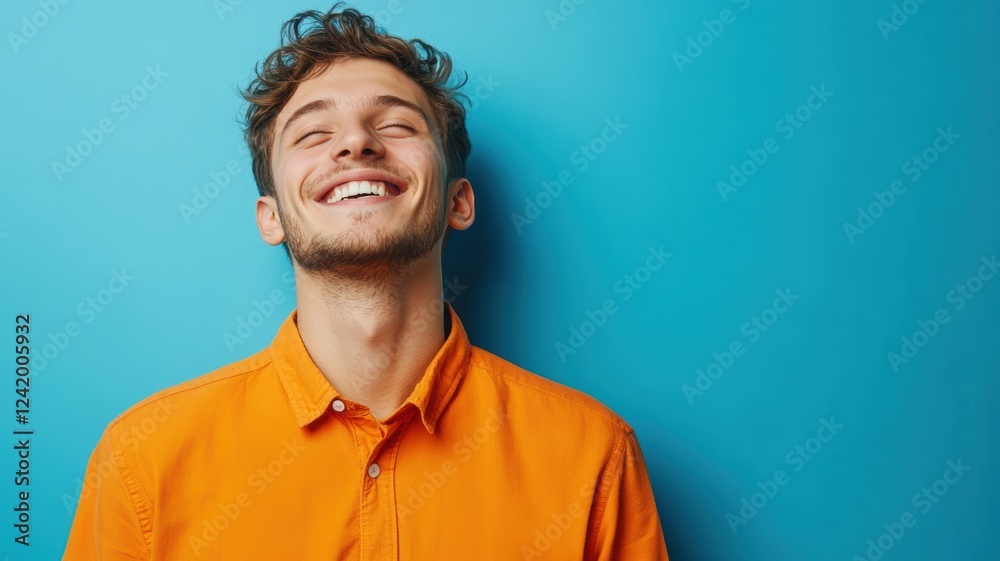Happy young European man with short brown hair wearing a bright orange jacket standing against a solid blue background