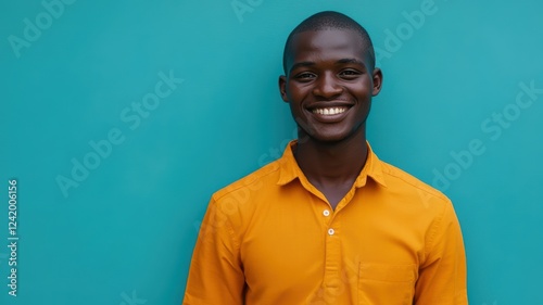 Happy young African man with a shaved head dressed in a bright orange shirt standing against a solid blue background