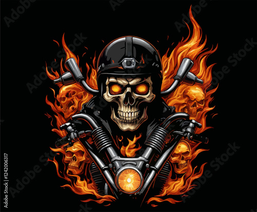 Vector t-shirt design with biker with human skull,
motorcycle helmet
and fire demons on black background.
Fashionable print for fabric, paper, men clothing,
biker jacket. T shirt template with flame.