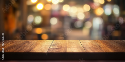 Mesa de cocina de madera con fondo borroso de un lugar de trabajos manuales como una carpintería restaurante o una barberia