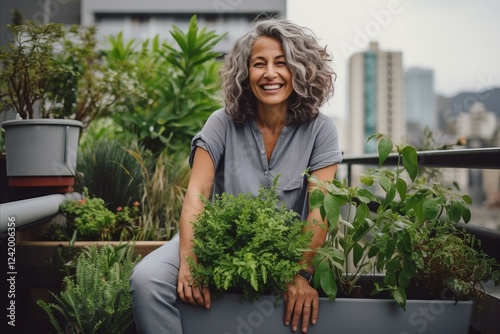 Portrait of a beautiful middle-aged woman with curly hair sitting on a balcony. photo