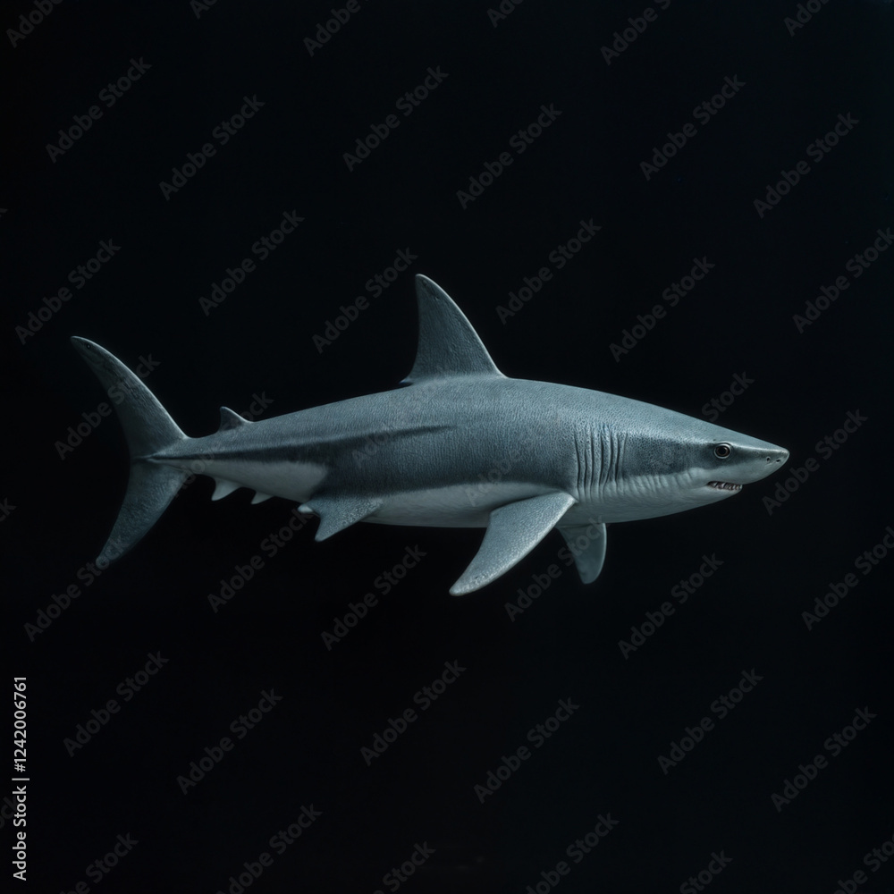 Fototapeta premium a 3D rendering of a shark. The shark appears to be in a dark underwater environment, with its fins and body clearly visible against the dark background.