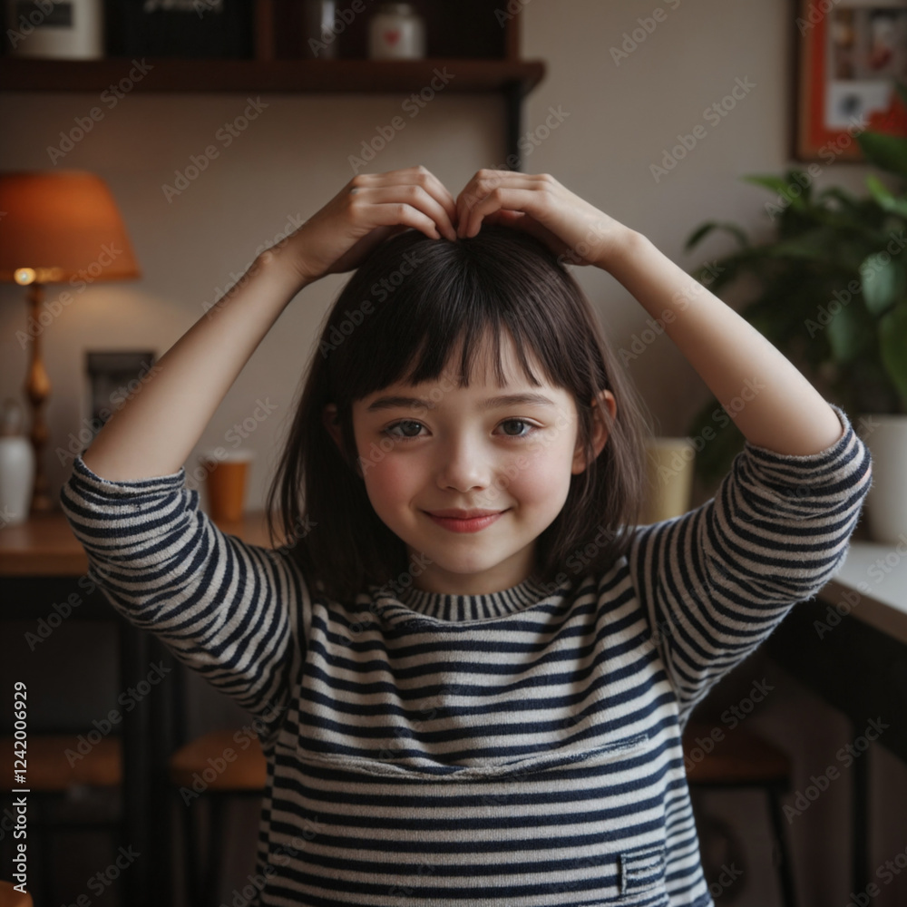a person wearing a striped shirt, making a heart shape with their hands, and standing in a room with shelves, a lamp, and a plant. a person wearing a striped shirt, making a heart shape with their hands, and standing in a room with shelves, a lamp, and a plant.