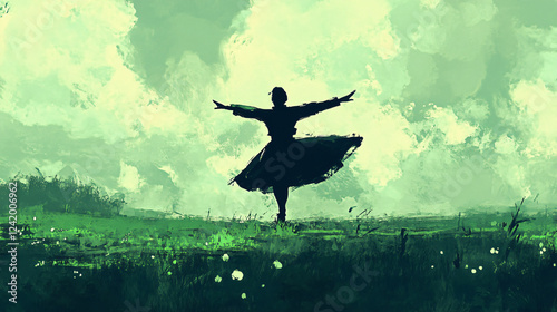 Graceful dancer twirling green meadow glowing lights moonlit fantasy scene nature harmony artistic magical motion beauty,nursery,room,decor,wall,art,zen,aura,lofi,,wallpaper,animation,elegant,girl
