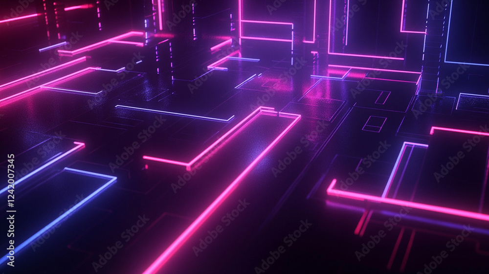 Futuristic glowing neon purple grid with abstract geometric structures, creating a high-tech sci-fi atmosphere with reflective surfaces and deep cyberpunk aesthetics Futuristic glowing neon purple grid with abstract geometric structures, creating a high-tech sci-fi atmosphere with reflective surfaces and deep cyberpunk aesthetics