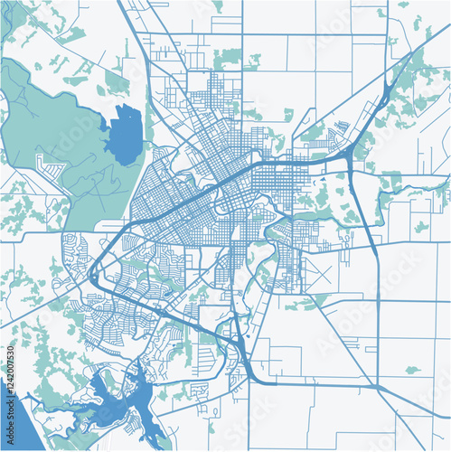 Map of San Angelo in Texas in a professional blue style. Contains layered vector with roads water, parks, etc.