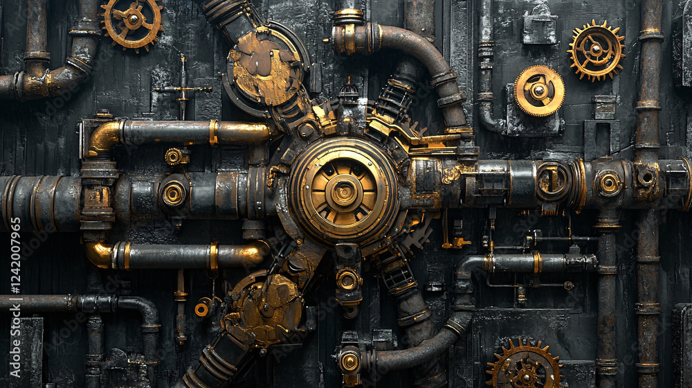 A symmetrical steampunk machinery design with metallic pipes and mechanical gears forming a complex system
A symmetrical steampunk machinery design with metallic pipes and mechanical gears forming a complex system