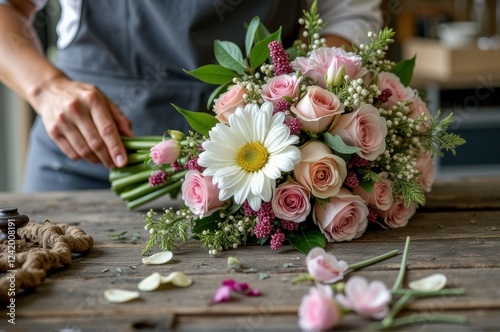 Florist arranging beautiful pink rose and daisy bouquet on rustic wooden table photo