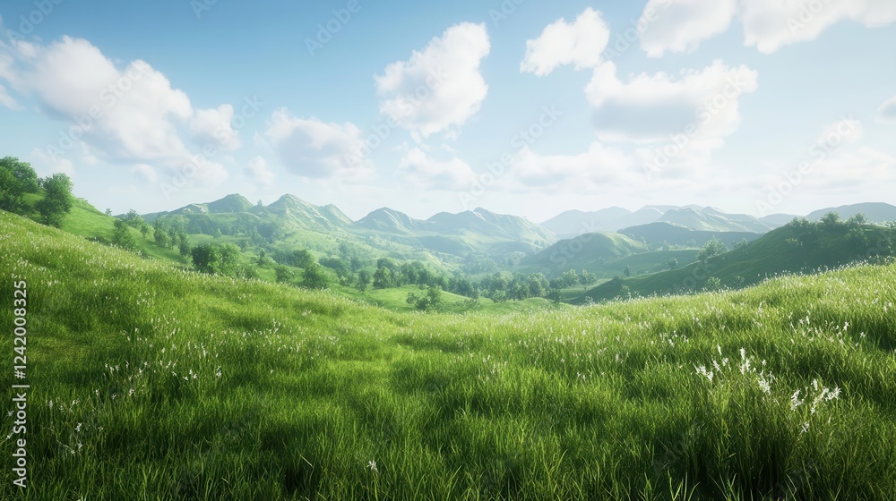 Green Grass Field Rolling Hills Under Blue Sky with Fluffy Clouds for Spring Summer Campaigns Green Grass Field Rolling Hills Under Blue Sky with Fluffy Clouds for Spring Summer Campaigns