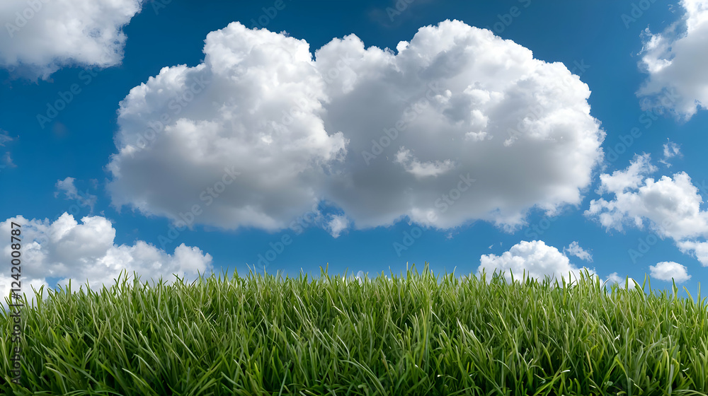 Lush green grass under a vibrant blue sky with fluffy clouds; ideal for nature backgrounds Lush green grass under a vibrant blue sky with fluffy clouds; ideal for nature backgrounds