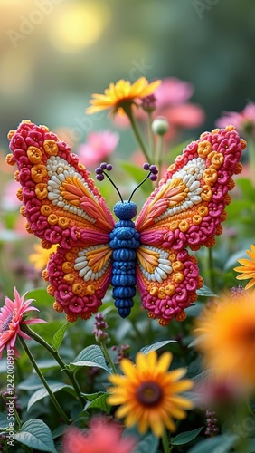 Colorful artistic butterfly with intricate patterns among vibrant flowers photo