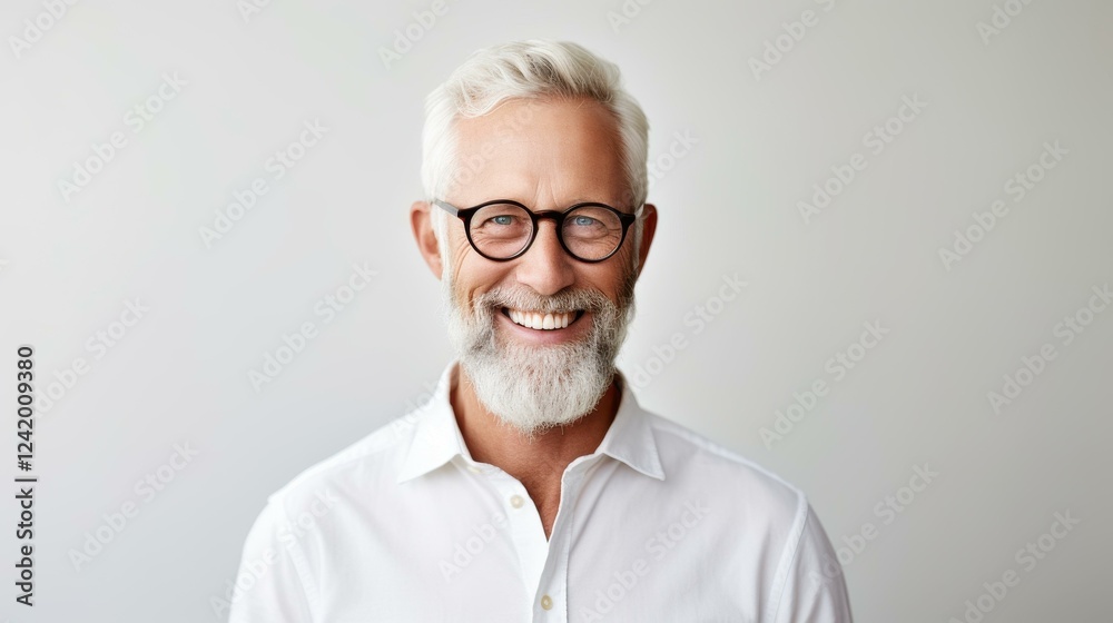 Fototapeta premium A selfassured senior man confidently poses for the camera, showcasing his vibrant personality against a clean backdrop.