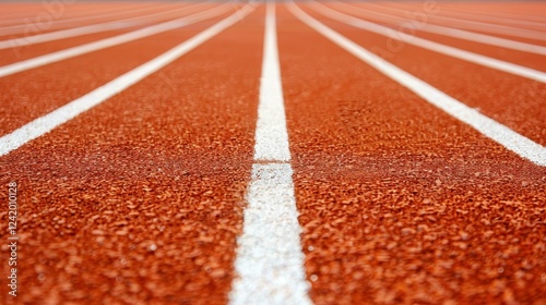 Vibrant red running tracks frame the sports stadium, inviting athletes to compete on its smooth, artificial rubber surface.