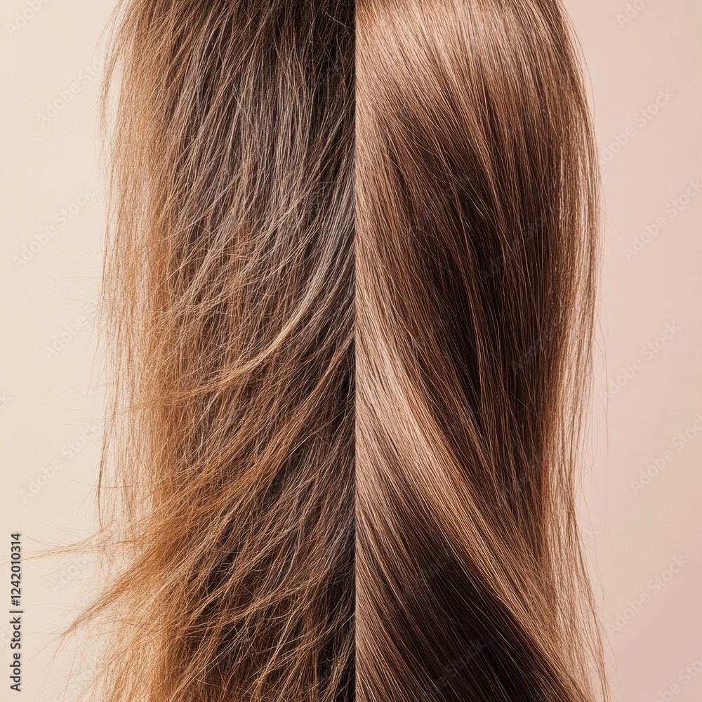 Comparison of damaged dull hair and shiny healthy hair strands showcasing distinct differences in appearance and texture. Generative AI Comparison of damaged dull hair and shiny healthy hair strands showcasing distinct differences in appearance and texture. Generative AI