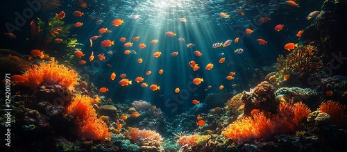 Vibrant underwater scene showcasing colorful fish swimming among coral reefs with sunlight filtering through photo