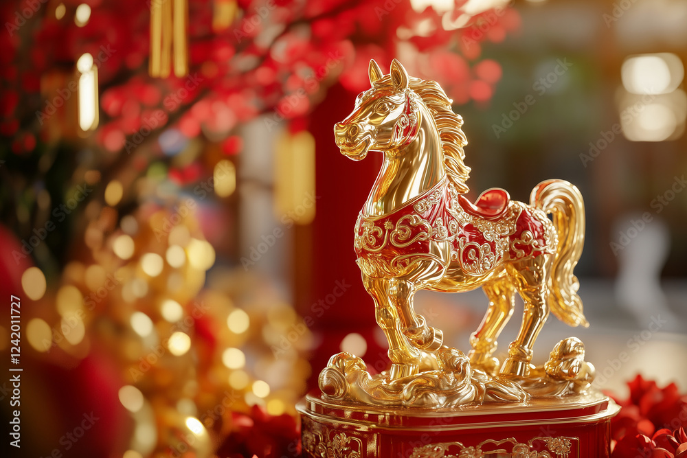 Fototapeta premium Golden horse on red background, Chinese New Year, year of the horse