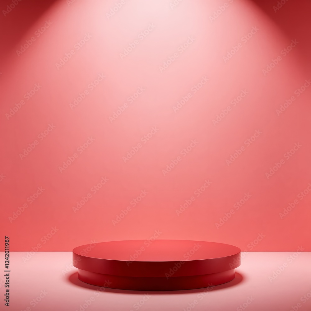 Romantic scene with minimalistic red cylinder podium in the center of pastel red room. 3D render of a scene with geometrical forms for cosmetic product display for Valentine's Day or Wedding