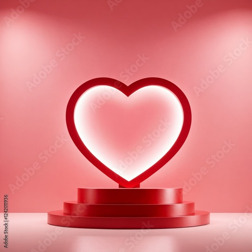Romantic scene with minimalistic red podium in pink room with white neon glowing heart. Square 3D banner of a scene with geometrical forms for cosmetic product display for Valentine's Day or Wedding