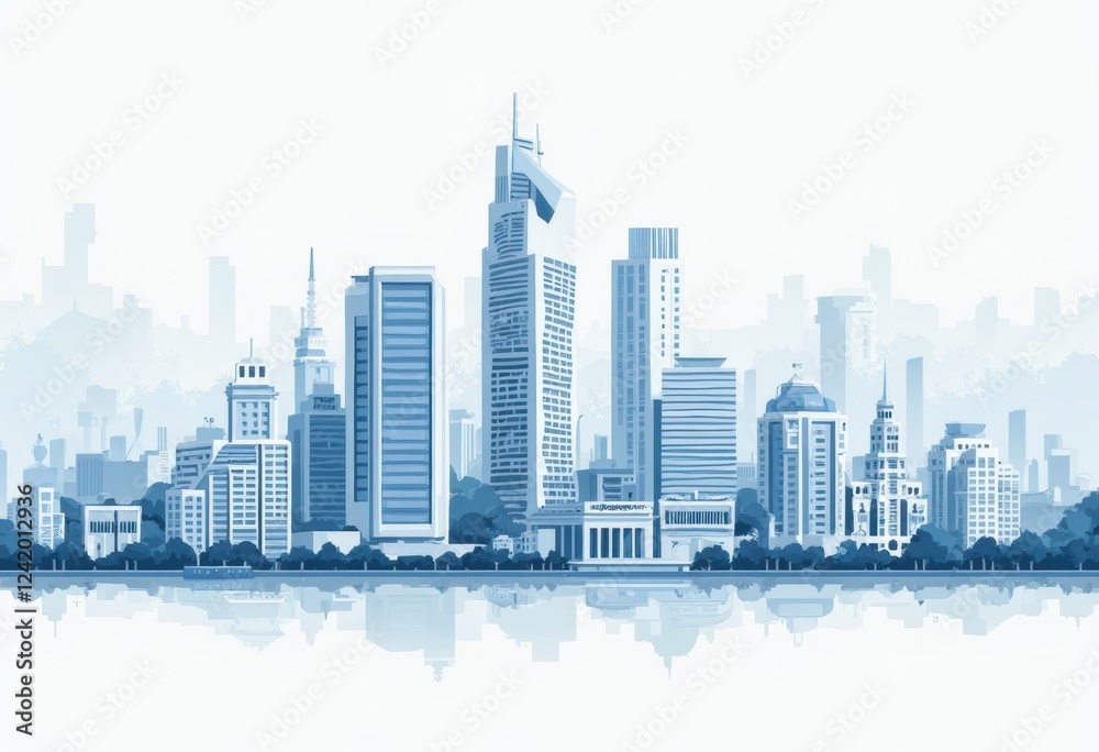 Fototapeta premium Foggy Cityscape with Skyscrapers and Tall Structures