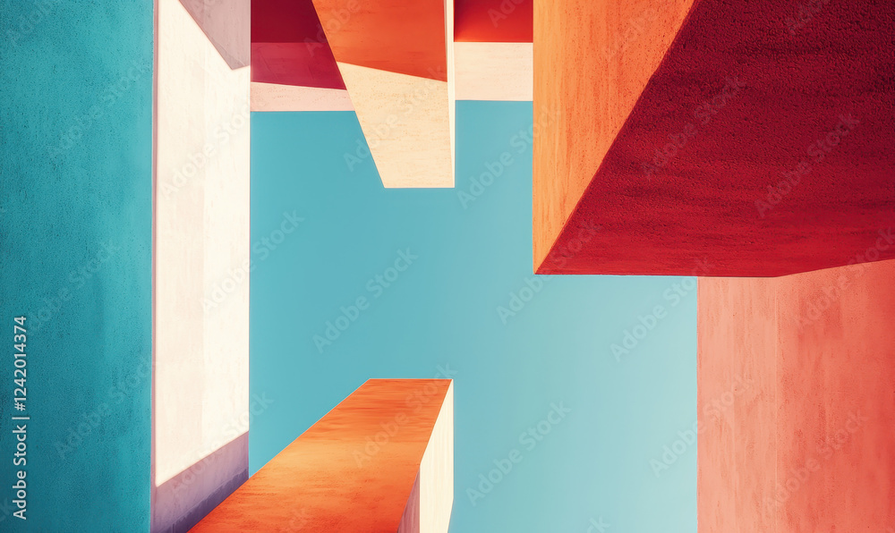 Exploring Modern Geometric Architecture: Abstract Urban Structures in Vibrant Colors and Bold Perspectives