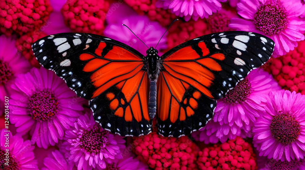 Naklejka premium Orange butterfly on pink flowers, nature background, spring