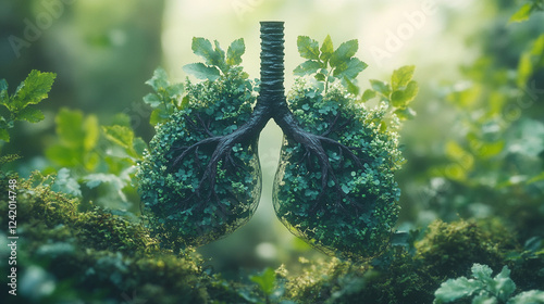 A conceptual image of lungs formed by intertwined branches, green leaves, and trees, symbolizing nature, growth, and breath. The blurred background emphasizes the symbolism of vitality and renewal. photo