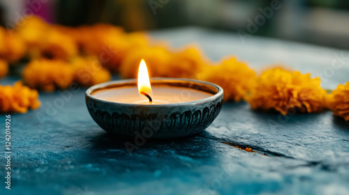 Diya Candle with Marigold Flowers  photo