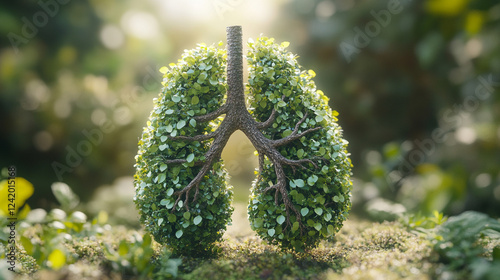 A conceptual image of lungs formed by intertwined branches, green leaves, and trees, symbolizing nature, growth, and breath. The blurred background emphasizes the symbolism of vitality and renewal. photo