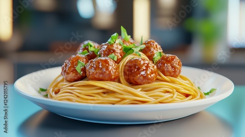 Spaghetti and Meatballs Served with Fresh Herbs on White Plate
